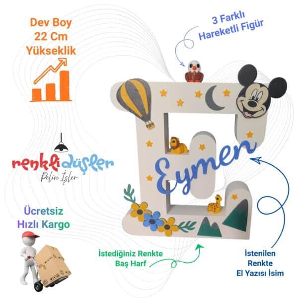 Baş Harf ve İsimli Çocuk Odası Dekor – 3 Hareketli Figürlü 22 cm Dev Boy